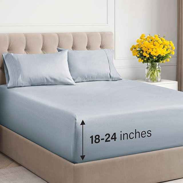 Extra Deep Pocket Queen Sheets - 4 Piece Breathable & Cooling Bed Sheets - Hotel Luxury Bed Sheet Set - Soft, Wrinkle Free & Comfy - Easily Fits Extra Deep Mattresses - Deep Pocket Sky Blue Sheets Set