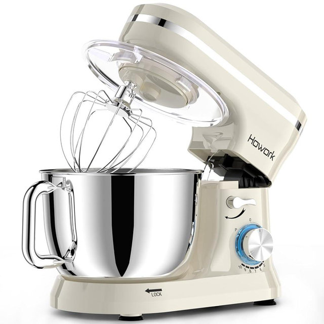 HOWORK Electric Stand Mixer,10+p Speeds With 6.5QT Stainless Steel Bowl,Dough Hook, Wire Whip & Beater,for Most Home Cooks,Cream White