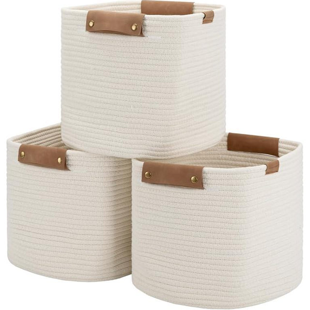 StorageWorks 11x11x11 Woven Baskets - 3 Pack, Cotton Rope Baskets with Leather Handles, White - Cube Storage Organizer for Bedroom, Nursery Room, Living Room