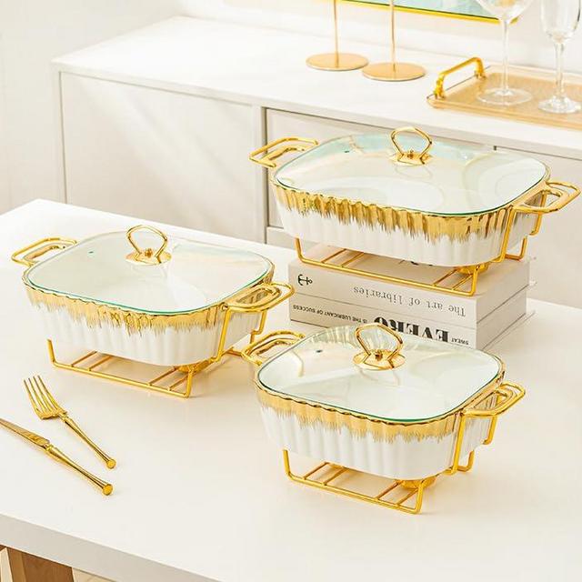 HONHPD 3 Piece Set Ceramic Chafing Dish Buffet Set, Luxury White Ceramics Chafer with Gold Trim, Chafer and Buffet Warmer Set for Buffet Weddings, Parties, Banquets, Christmas, Catering Events