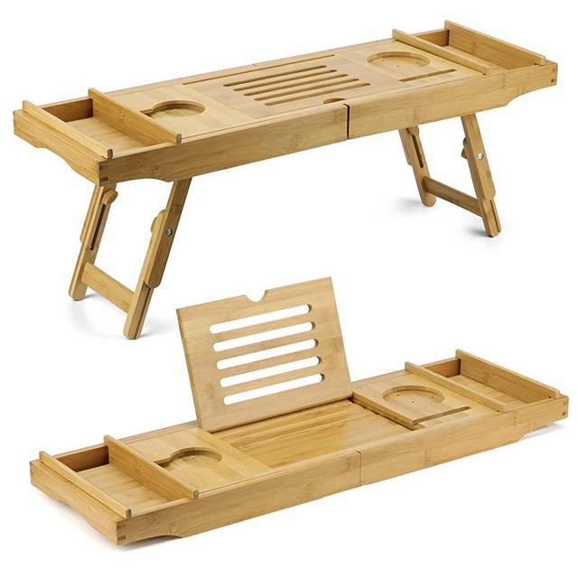 Duramont Bamboo Bathtub Caddy & Laptop Bed Desk – 2 in 1 Innovative Design, with Extending Sides, Reading Rack, Tablet Holder, Cellphone Tray and Wine Glass Holder