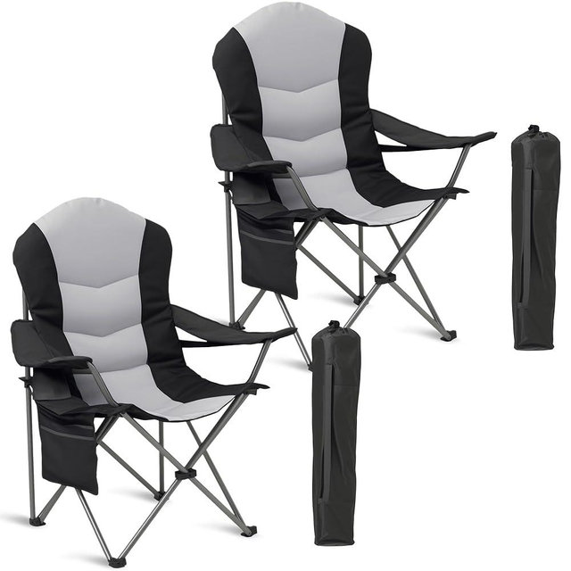 Foristrail 2 Pack Folding Camping Chairs for Adults - High Back Padded Outdoor Lawn Chairs with Lumbar Support & Cup Holder, 400lbs Heavy Duty Portable Camping Chairs Set (Light Black & Gray, 2 PCS)