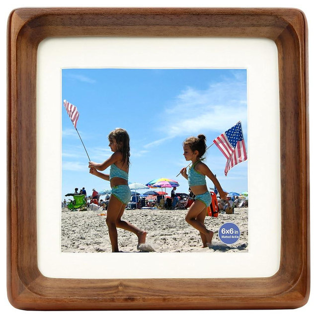 XKIILH 6x6 Square Picture Frames Walnut Solid Wood with Real Glass Vertical Horizontal Standing Display Photos 4x4 with Mat or 6x6 Without Mat Lovely Gift for Desk Tabletop H6F
