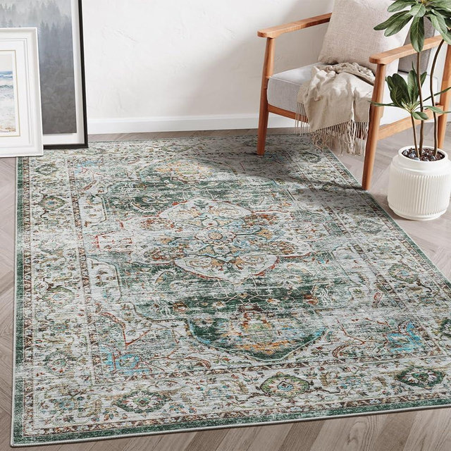 befbee Washable Rug 8x10 Area Rugs for Living Room - Stain Resistant Non-Slip Backing Rugs for Bedroom - Vintage Large Area Rug (Green, 8'x10')