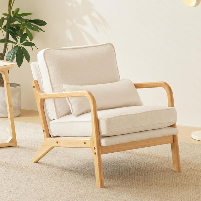Karl home Mid Century Modern Accent Chair with Lumbar Pillow & Oak Arms – Plush Linen Fabric Living Room Chair for Bedroom, Lounge, Natural White