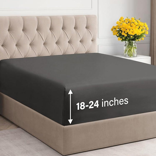 Extra Deep King Fitted Sheet - Hotel Luxury Single Fitted Sheet Only - Easily Fits 18 inch to 24 inch Mattress - Ultra Soft, Wrinkle & Fade Free w/Extra Deep Pockets - Breathable & Comfy - Charcoal