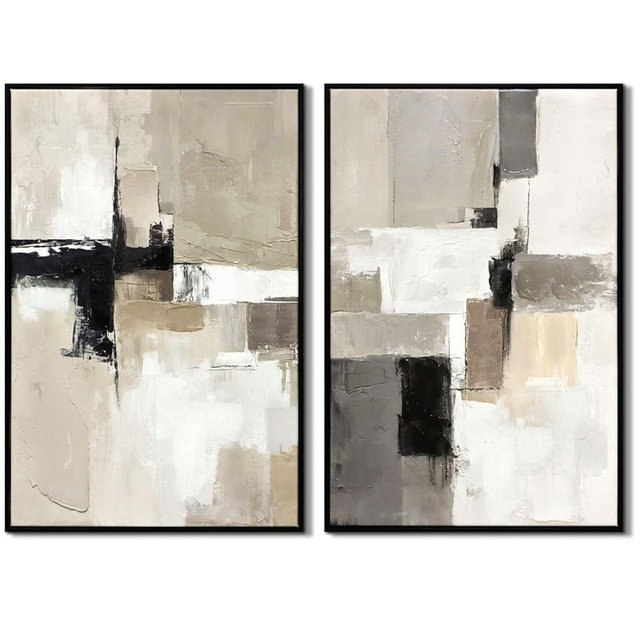 Set of 2 Modern Neutral Abstract Wall Art – Framed Beige, Gray, and Black Canvas Paintings for Living Room, Bedroom, or Office Décor – 16x24 Inches Each