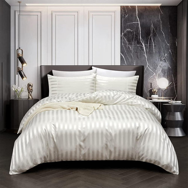 RevenRella 3 Piece Satin Duvet Cover Set Bedding Sets Italian Style 1800 Series Luxury Rich Silk Silky Super Soft Stripes Hidden Zipper Closure Reversible Wrinkle Free Honeymoon(Off White, King)