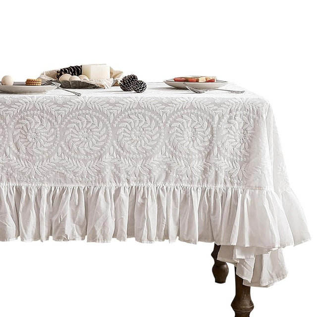 patdrea Vintage Ruffle Tablecloth for Square Tables,Farmhouse Embroidered Cotton White Lace Table Cloth Cover Decor for Dining Room Wedding Banquet Thanksgiving Christmas,59"*59"