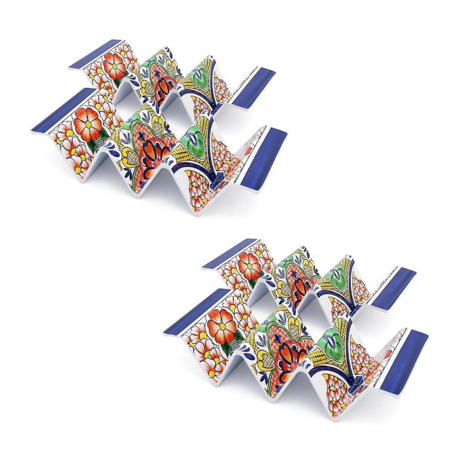 TP Taco Holders Set of 4, Melamine Taco Stand Serving Trays with Handle, Holds 3 Tacos, Dishwasher Safe, Ideal for Taco Night, Party, Home, Fiesta, Talavera Tile