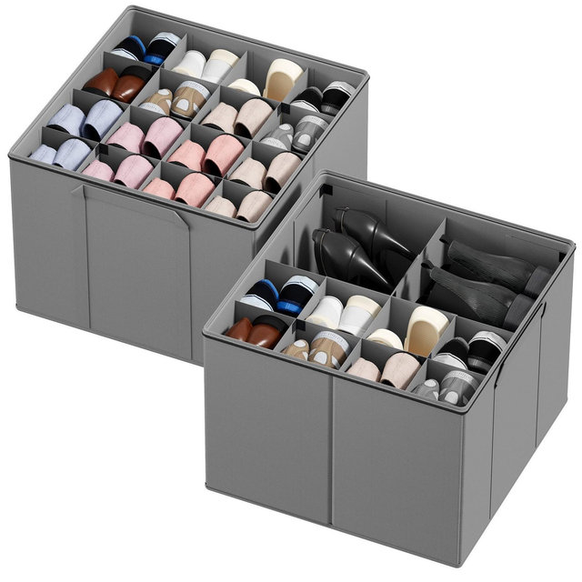 2 Pack Shoe Storage Organizer for closet, a set of 2 foldable shoe storage containers with adjustable dividers,Gray