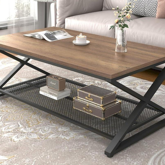 LVB Wood Coffee Table, Metal Wooden 2 Tier Center Tables with Storage, Industrial Cocktail Table with Shelf for Living Room, Farmhouse Rectangle Middle Table for Office Bedroom, 47 inch, Rustic Oak