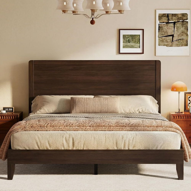 AMICLIBER Wood Queen Bed Frame, Platform Bed with Tall Headboard, Solid Wood Slat Support, Noise-Free Mattress Foundation, No Box Spring Needed, Easy Assembly, Brown