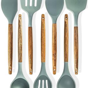 Silicone Cooking Utensils Kitchen Utensil set - 7 Natural Acacia Wooden Silicone Kitchen Utensils Set - Silicone Utensil Set Spatula Set - Silicone Utensils Cooking Utensil Set - Kitchen Tools Gadgets