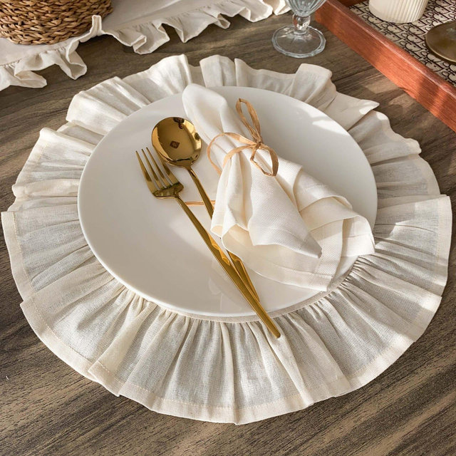 Ruffled Round Placemat Cream Linen Farmhouse, Single Ruffle Edge Table Mat, Washable Dining Decor, Boho Wedding Table
