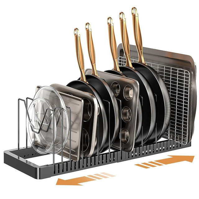 PanPanPal Pots and Pans Organizer Rack for Cabinet, Expandable Pot Lid Organizer Holder with 12 Adjustable Compartment, Kitchen Cabinet Organizer for Lids & Bakeware - Pantry & Countertop Storage Rack