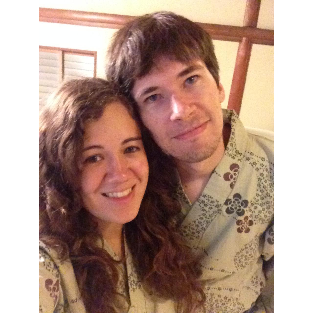 Here we are in robes at a Japanese ryokan we stayed at near Mt. Fuji. We had our own hot springs attached to the room overlooking a river! Summer 2017