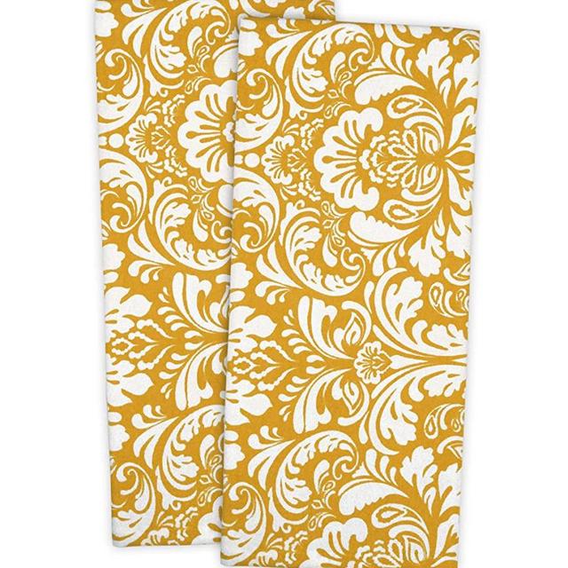 DII Cotton Damask Kitchen Dish Towels, 28 x 18" Set of 2, Low Lint Decorative Tea Towel for Everyday Cooking and Baking-Mustard