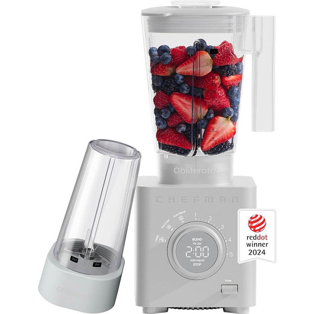 Chefman Obliterator 48 oz Countertop Blender for Smoothies, 1380W Motor to Crush Ice, Nuts, and Frozen Fruit with Stainless Steel Blade, Auto Blend Function, Includes 20 oz Travel Jar - Concrete