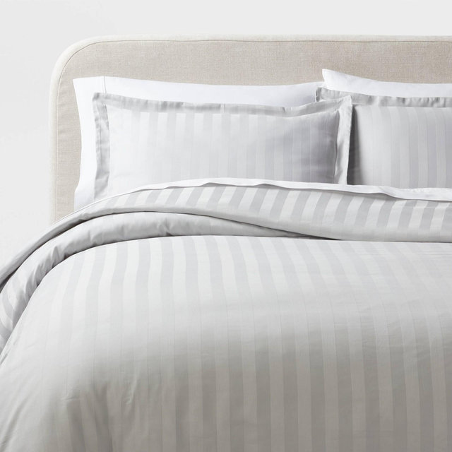 3pc Full/Queen Luxe Striped Damask Duvet Cover and Sham Set Light Gray - Threshold™