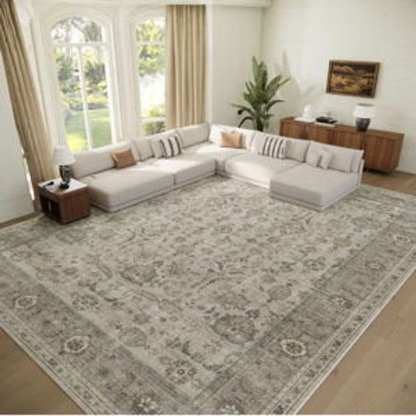 Washable 10x14 Area Rugs for Living Room, Boho Non-Slip Vintage Distress Large Rugs for Bedroom Dining Room Office, 0.3" Neutral Oriental Throw Thin Carpet, Flaxen/Multi, B2