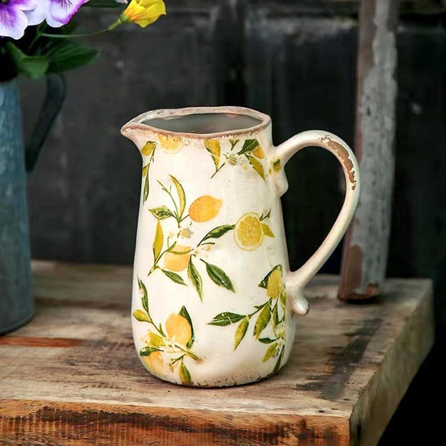 Vintage Lemom Ceramic Vase with Handle, Retro Ice Glazed Crack Farmhouse Pitcher Vase for Home Decor, Living Room, Shelf, Office, Rustic Table Centerpiece 7 Inch