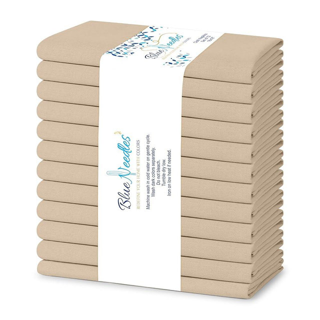 Blue Needles Solid Cloth Napkins Set of 12 Beige 100% Cotton Dinner Napkins 18x18 inches - Soft, Reusable and Washable Spring Summer Linen Napkins, Ideal for Events, Parties & Everyday Use