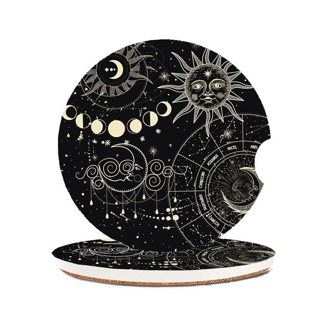 Adastrah Absorbent Car Coasters 2 Pack for Cup Holders, 2.56" Ceramic Stone & Non-Scratch Cork Base Drink Coasters(Moon and Sun)