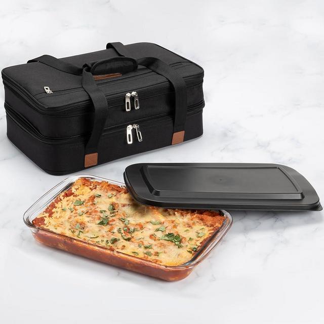Stack Store Plus More Insulated Expandable Casserole Carrier and Lasagna Holder for Picnic Potluck Beach Day Trip Camping Hiking - Hot and Cold Thermal Bag – Baking Dish with Lid Included - Black