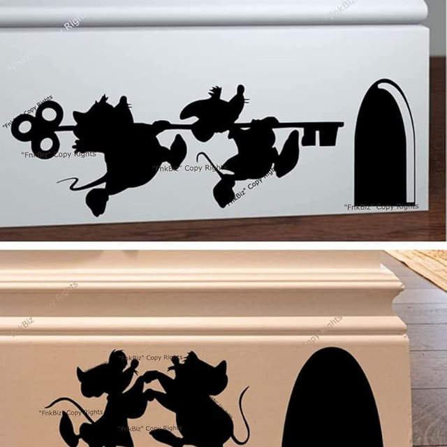 FnkBiz Jaq and Gus Wall Decal Mouse Hole Baseboard Sticker Mouse Hole Wall Decal 7 x 3 | Black | Set of 02 Decals