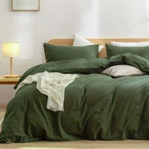 Duvet Cover Set 100% Washed Cotton, Olive Green Queen