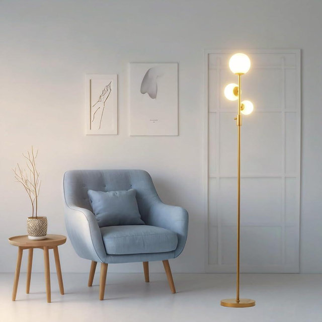 Fiqevs Upgraded Dimmable 3 Globe Floor Lamp, 1000 Lumens LED Bulbs Included, Mid Century Floor Lamp for Living Room, Modern Standing Lamp with Orb Glass Shade, Tall Lamp for Bedroom Office - Gold