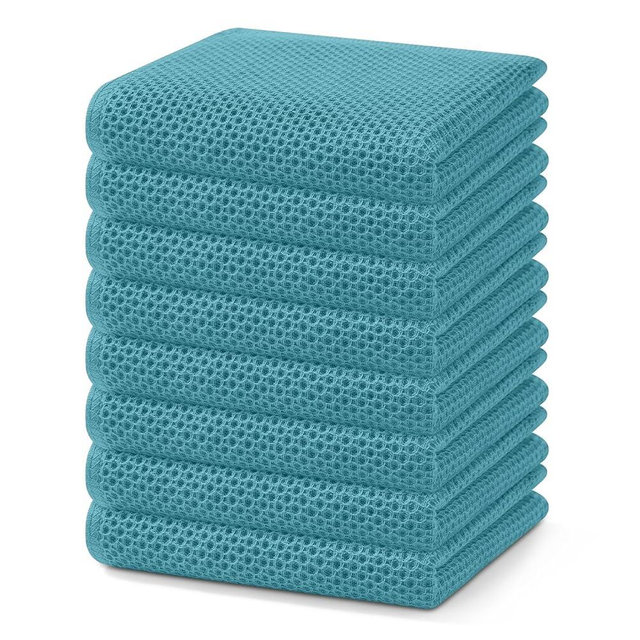 Homaxy 100% Cotton Waffle Weave Kitchen Dish Towels, Ultra Soft Absorbent Quick Drying Cleaning Towel, 13 x 28 Inches, 8-Pack, Lake Blue