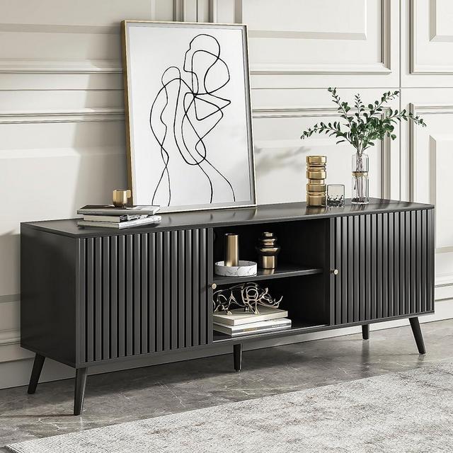 Oubayajia Mid Century Modern TV Stand for Televisions up to 70 Inches, with Sliding Doors and Storage, Television Stands, TV Consoles, Media Consoles for Living Room, 63 Inch (Black)
