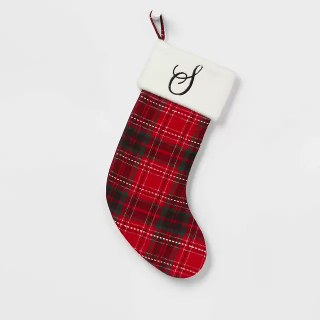 20" Plaid Monogram 'S' Christmas Holiday Stocking with Faux Fur Cuff Red/Green/White - Wondershop™