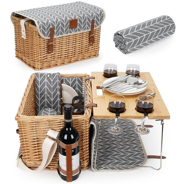 WILLOW WEAVE Luxury Picnic Basket, Wicker Picnic Basket Set for 4, Picnic Basket with Blanket & Portable Table for Camping and Outdoor Party - Gray
