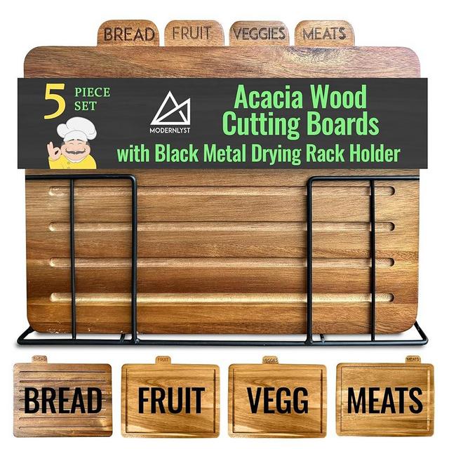 MODERNLYST Acacia Wood Cutting Boards for Kitchen with Holder | Labeled Food Use Tabs | Modern Wooden Cutting Board Set | 13 x 11 x 2.5 in. Large Organized Chopping Board Set of 4 with Black Stand
