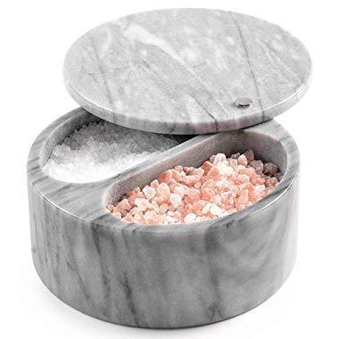 Salt Cellar with Swivel Top and Dual Compartment Elegant Marble Salt Box with Lid for Salt, Spice and Herbs Storage – 5 Ounce Capacity (White,Grey)