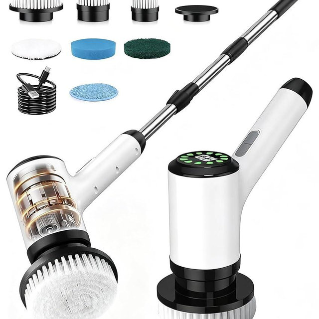 Lichffy Electric Spin Scrubber, Cordless Cleaning Brush with 7 Replaceable Brush Heads, 2-Speed Adjustable Handle Shower Scrubber, IPX7 Waterproof for Bathroom, Tub, Tile & Floor, Teens, White-qb1...