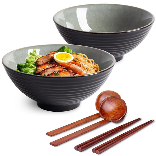 Tacuhy 40oz Japanese Ceramic Ramen Bowl Set of 2 with Chopsticks and Spoons for Pho Udon Asian Soup Noodles (Grayish Green)