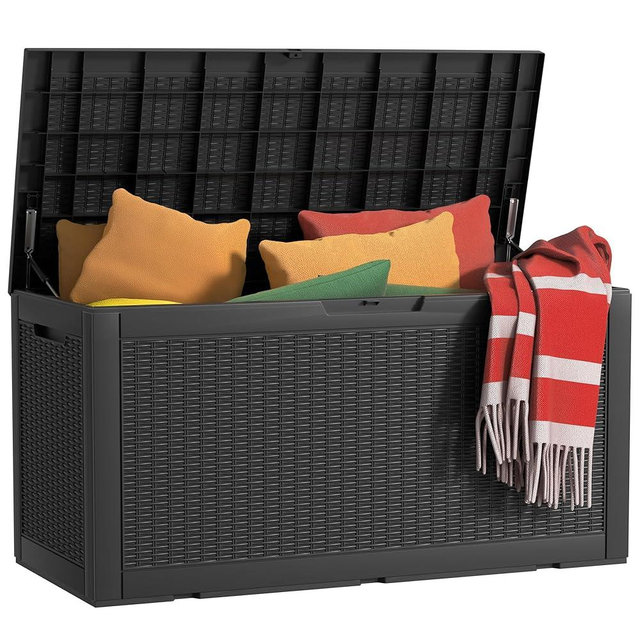 MAIUSCOLI 120 Gallon Waterproof Outdoor Storage Box,Resin Deck Box,Lockable Outside Storage Box Container for Patio Furniure,Garden,Tools (120 Gallon,Black)