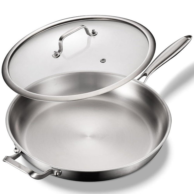 DELARLO Stainless Steel Pan, 14.2 Inch Frying Pan, Tri-Ply Skillet with Lid, Oven Safe Up to 600℉, Stainless Steel Cookware, Fast Even Heat, Large Cooking Surface,Non Toxic Large Skillet