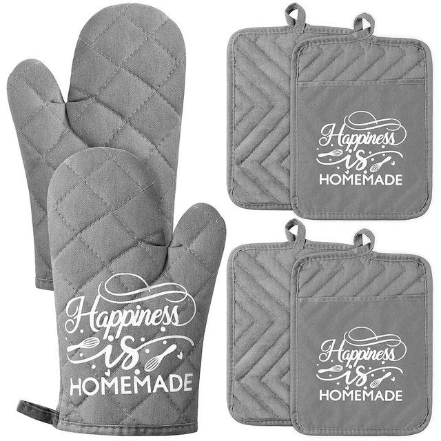 GROBRO7 6Pcs Cotton Oven Mitts and Pot Holders Set Happiness is Homemade Heat Resistant Hot Pad Machine Washable Microwave Gloves with Hanging Loop Pocket Potholder for Kitchen Baking Cooking Grilling