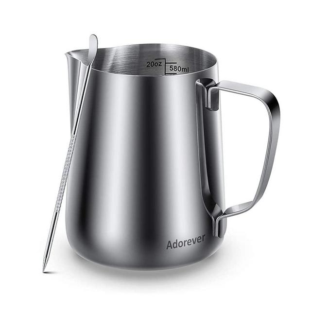 Milk Frothing Pitcher 600ml/20oz Steaming Pitchers Stainless Steel Milk Coffee Cappuccino Latte Art Barista Steam Pitchers Milk Jug Cup with Decorating Art Pen, Sliver