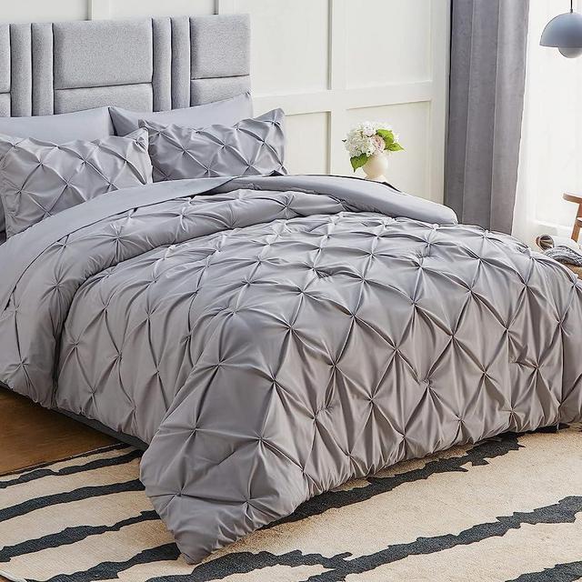 CozyLux King Comforter Set Light Grey 7 Pieces Pintuck Bed in A Bag Complete Set Pinch Pleat King Bedding Sets with All Season Comforter, Pillow Sham, Flat Sheet, Fitted Sheet and Pillowcase