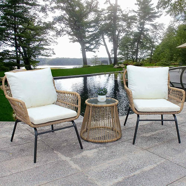 3 Pcs Outdoor Patio Balcony Wicker Chair Set with Beige Cushion and Round Tempered Glass Table Natural Color Furniture for Garden Conversation Set (Natural Color, 2 Seats w/Table)