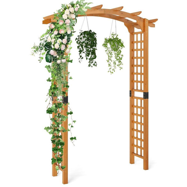 Giantex 7.5FT Wood Garden Arbor Trellis, Wooden Wedding Arch for Ceremony Party, Outdoor Archway Pergola for Climbing Plants, Pathway, Yard, Garden Decor, Easy Assembly (Honey Brown, 63''W x 90''H)