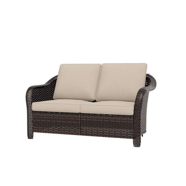 Qsoer 55 inch Outdoor Wicker 2 Seater Sofa, All-Weather Use Patio Rattan Loveseat with Seat and Back Cushion, Ideal for Porch, Backyard, Balcony, Poolside, Beige