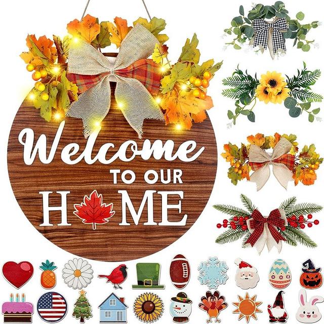 EgticLive Interchangeable Welcome Sign for Front Door, Farmhouse Front Door Signs with 4 Seasonal Wreaths and 21 Changeable Icons for Door Porch Decor