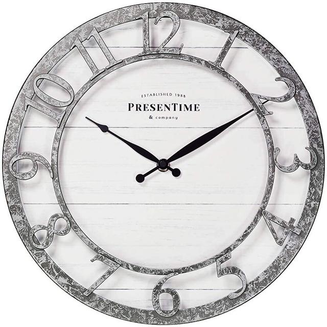 PresenTime & Co 13" Farmhouse Series Wall Clock, Quartz Movement, Shiplap Style,Raised 3D Arabic Numeral, Galvanized Finish